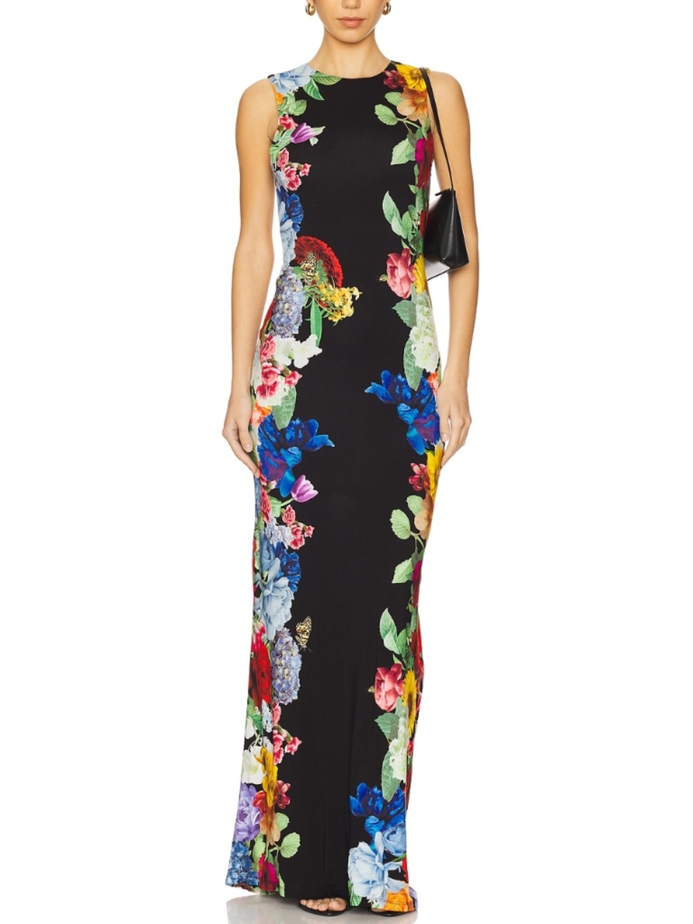 Alice + Olivia Delora Open Back Maxi Dress Garden Brunch Black Floral Jersey - 2